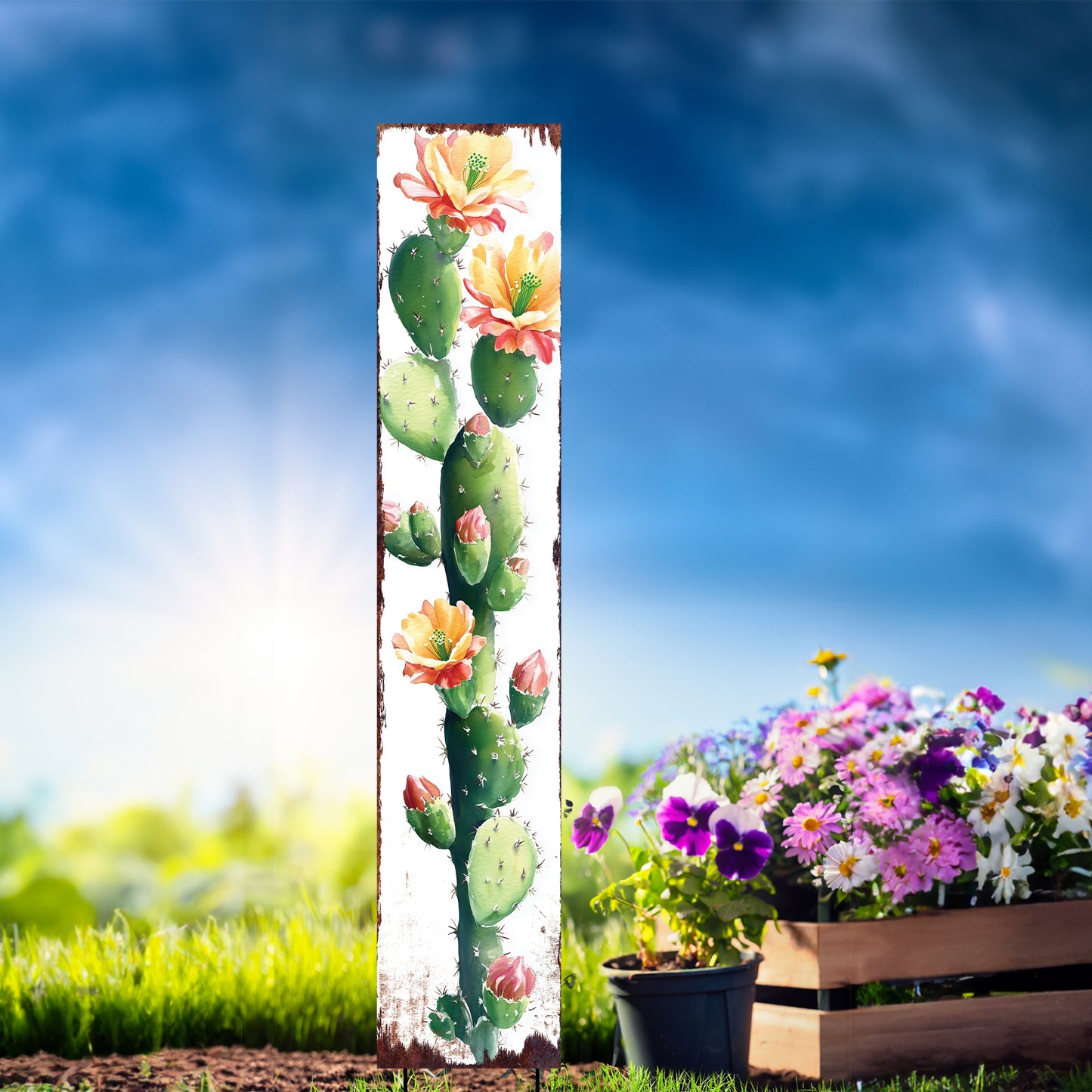 Summer Cactus Garden Stake | Watercolor Wooden Outdoor Garden Yard Décor | Farmhouse Style UV Printed | Multiple Size