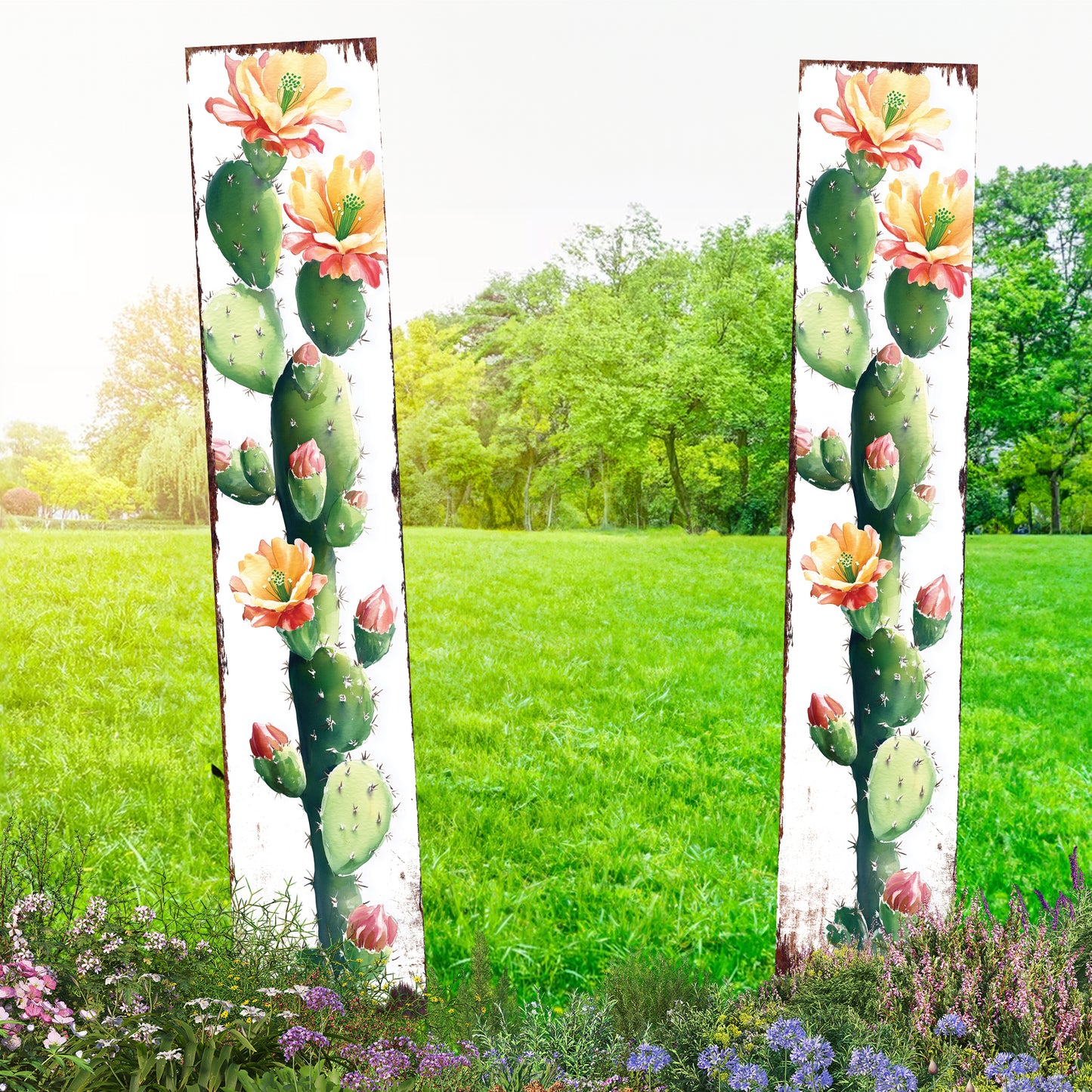 Summer Cactus Garden Stake | Watercolor Wooden Outdoor Garden Yard Décor | Farmhouse Style UV Printed | Multiple Size