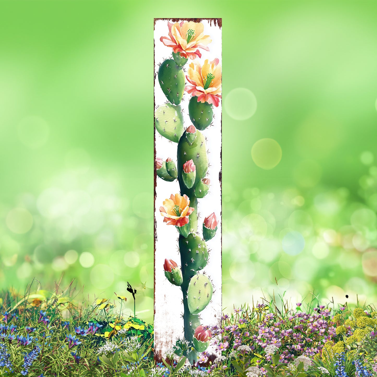 Summer Cactus Garden Stake | Watercolor Wooden Outdoor Garden Yard Décor | Farmhouse Style UV Printed | Multiple Size
