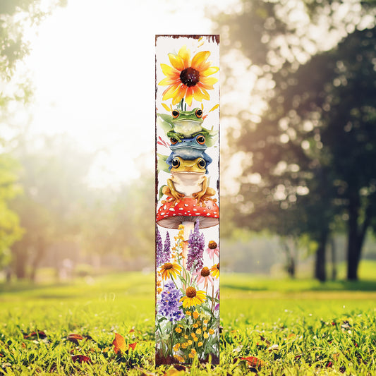 Summer Frog Garden Stake – Funny Watercolor Wooden Yard Sign with Sunflowers & Mushrooms | UV Print | Outdoor Decor | Multi Sizes