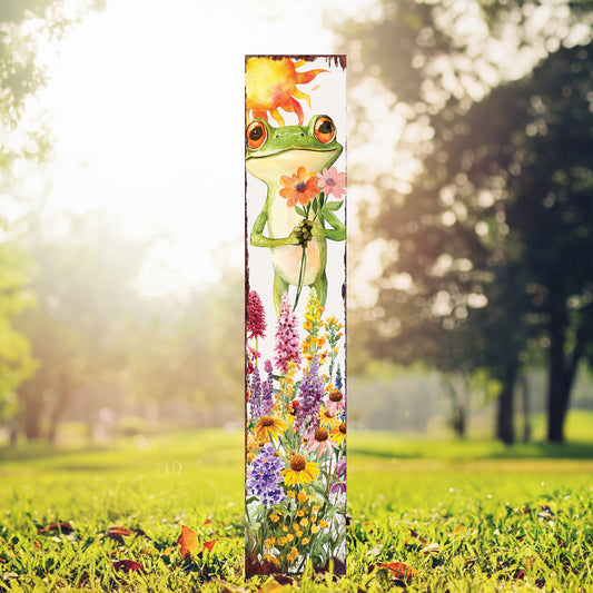 Summer Frog Garden Stake – Funny Watercolor Yard Sign with Wildflowers | Outdoor Wooden Decor | UV Print | Multi Sizes