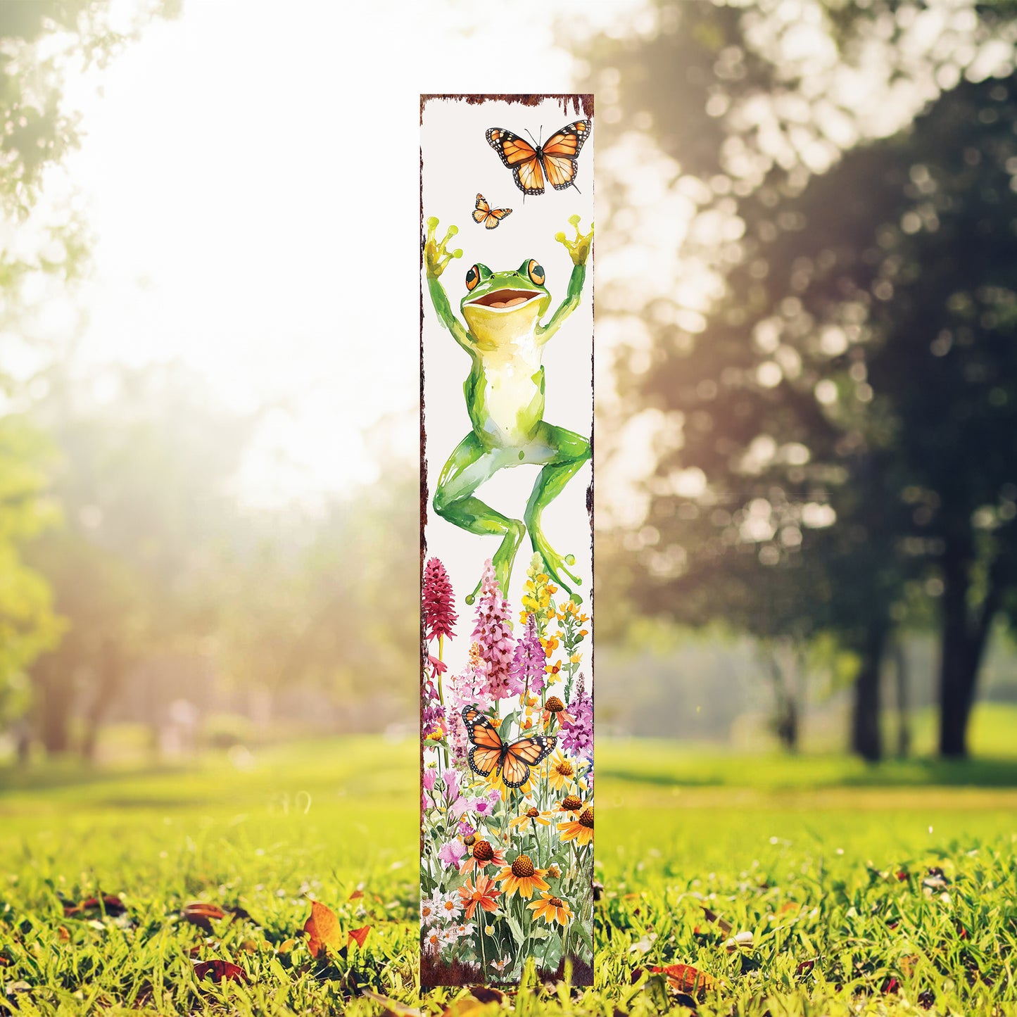 Summer Frog Garden Stake – Funny Watercolor Yard Sign with Butterflies & Flowers | Outdoor Decor | UV Print | Multi Sizes
