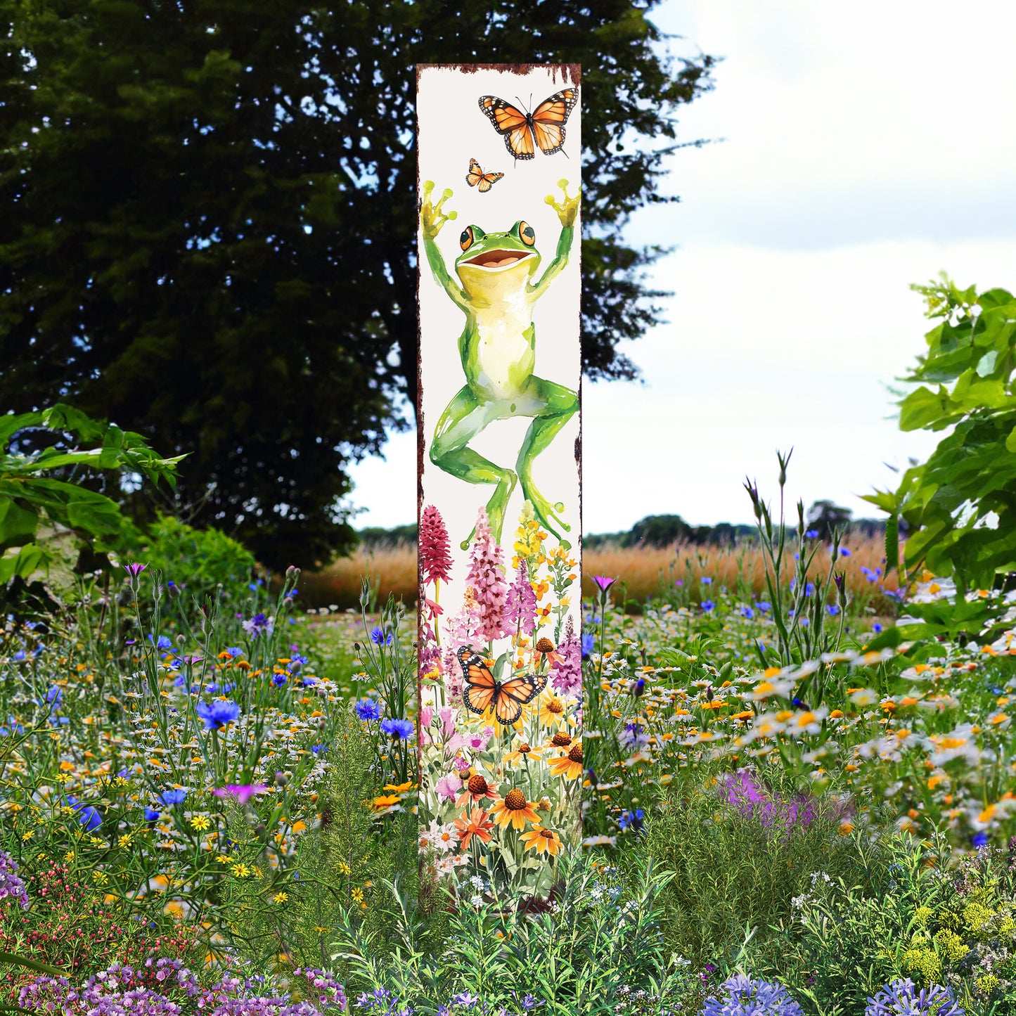 Summer Frog Garden Stake – Funny Watercolor Yard Sign with Butterflies & Flowers | Outdoor Decor | UV Print | Multi Sizes