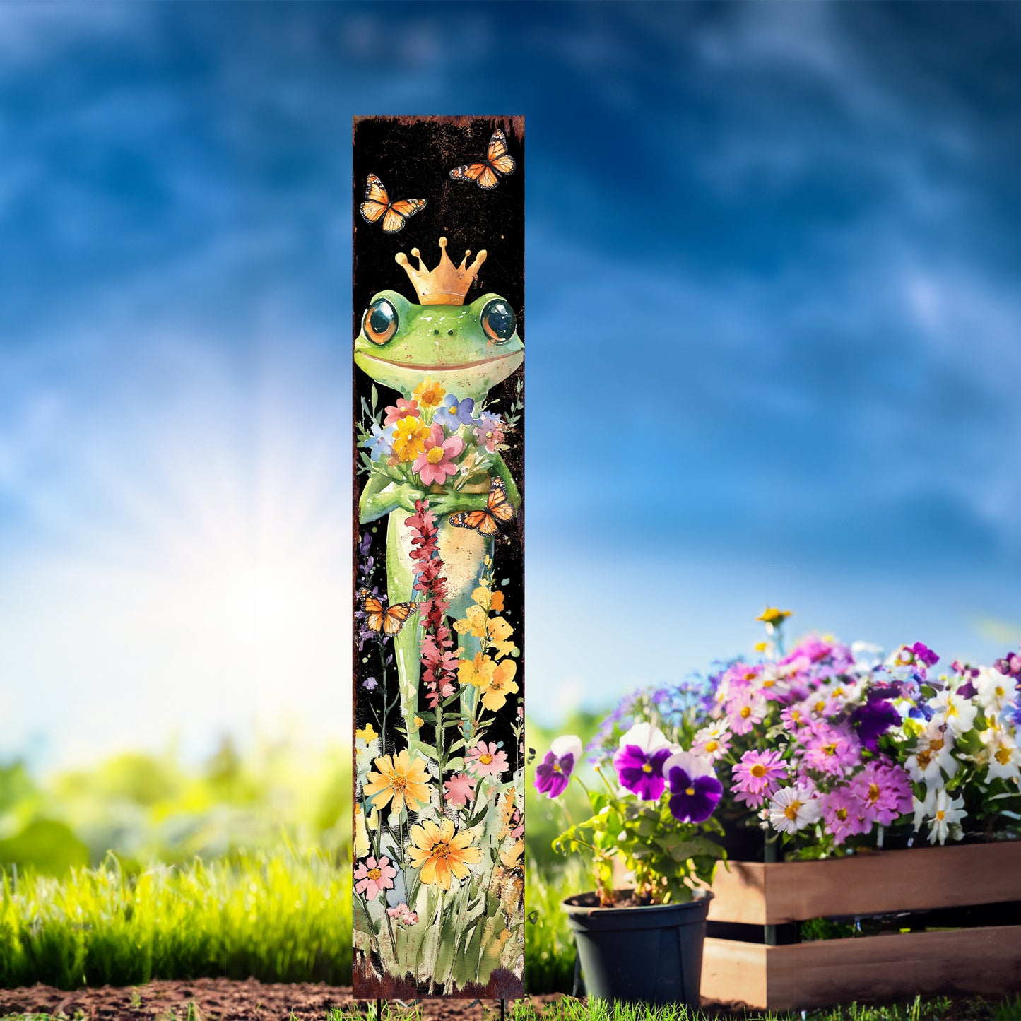 Summer Frog Garden Stake – Watercolor Yard Sign with Flowers & Butterflies | Outdoor Lawn Decor | UV Print | Multi Sizes