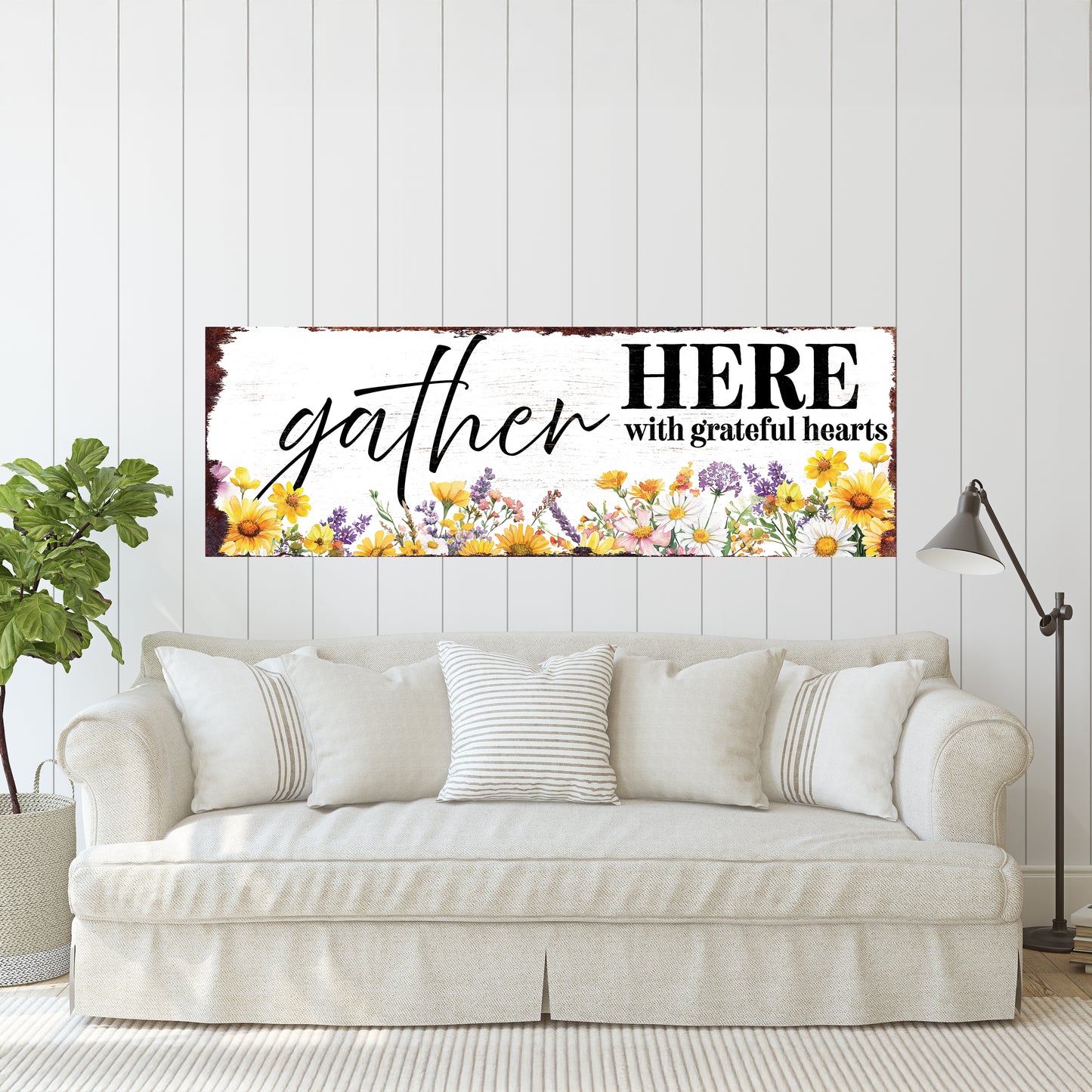 Gather Here With Grateful Hearts Wall Sign | Farmhouse Style Indoor Decor | UV Printed | Living Room or Entryway Accent | Multiple Sizes