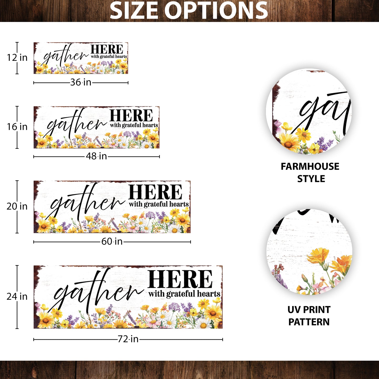 Gather Here With Grateful Hearts Wall Sign | Farmhouse Style Indoor Decor | UV Printed | Living Room or Entryway Accent | Multiple Sizes