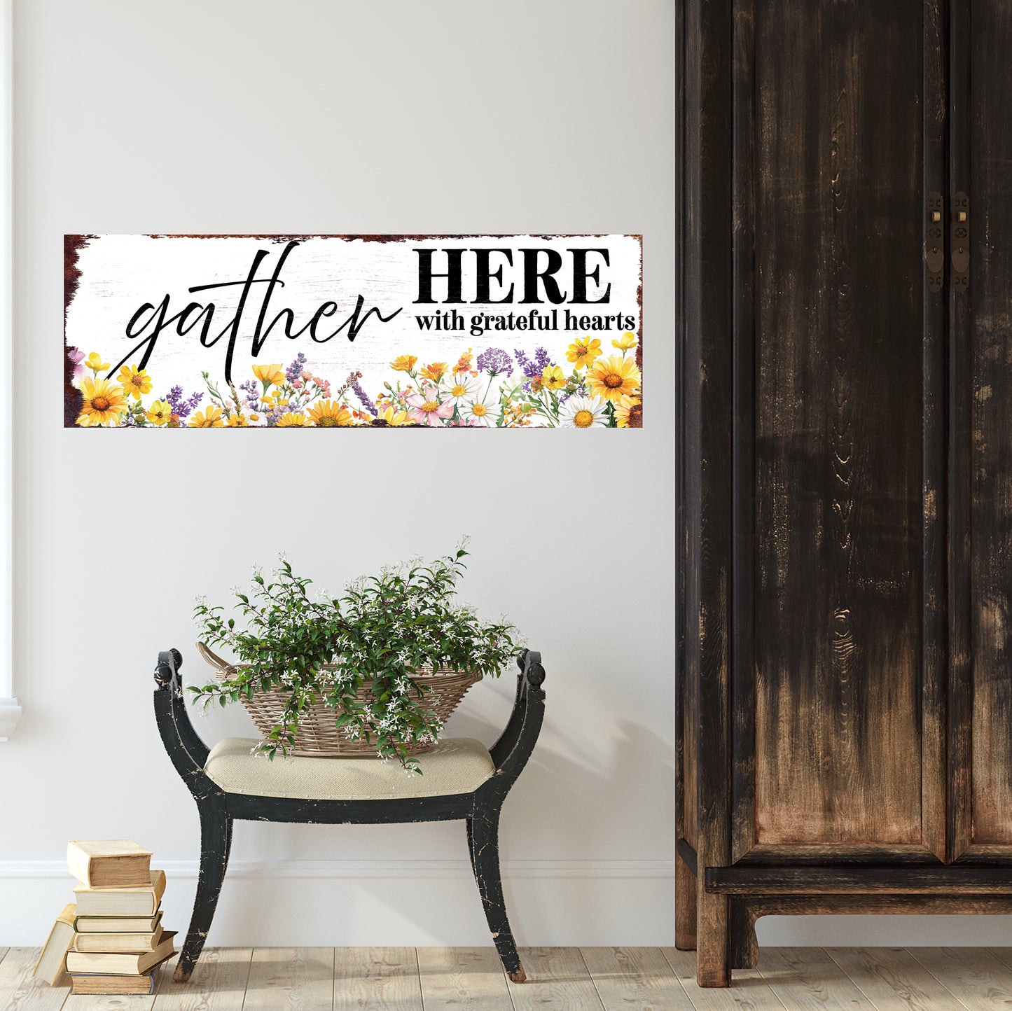 Gather Here With Grateful Hearts Wall Sign | Farmhouse Style Indoor Decor | UV Printed | Living Room or Entryway Accent | Multiple Sizes