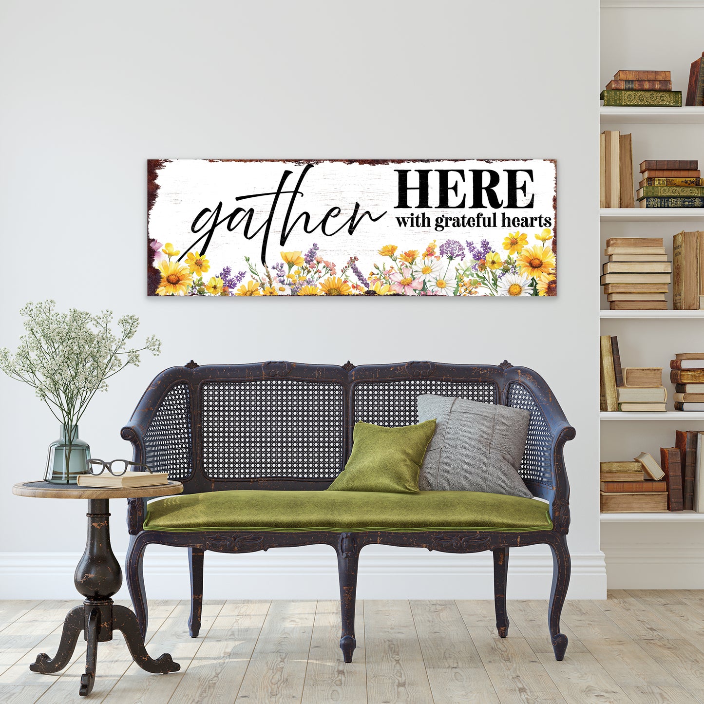 Gather Here With Grateful Hearts Wall Sign | Farmhouse Style Indoor Decor | UV Printed | Living Room or Entryway Accent | Multiple Sizes