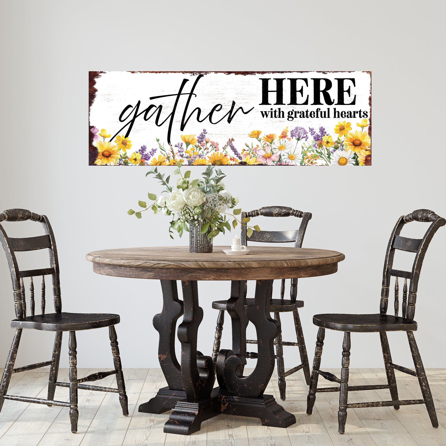 Gather Here With Grateful Hearts Wall Sign | Farmhouse Style Indoor Decor | UV Printed | Living Room or Entryway Accent | Multiple Sizes