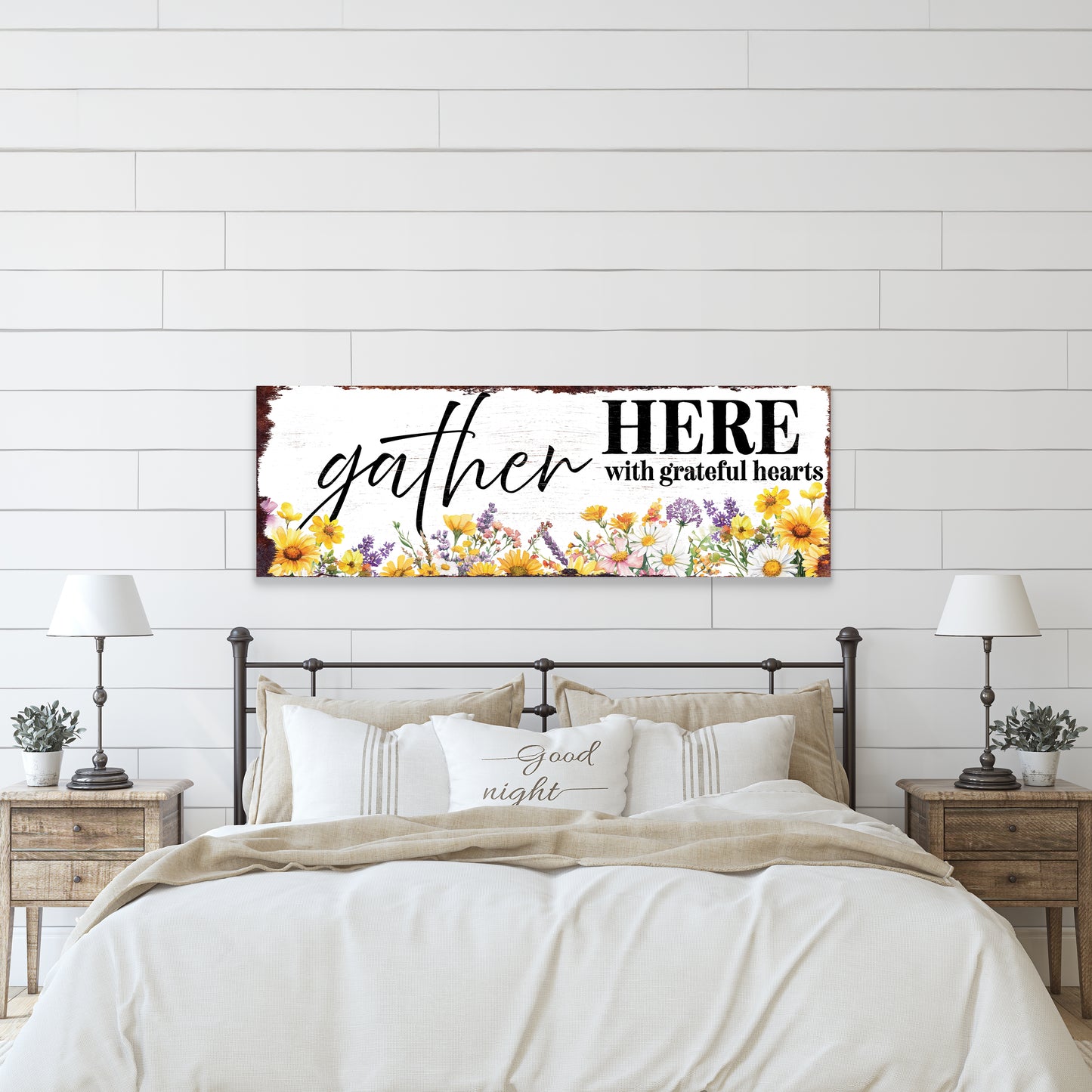 Gather Here With Grateful Hearts Wall Sign | Farmhouse Style Indoor Decor | UV Printed | Living Room or Entryway Accent | Multiple Sizes