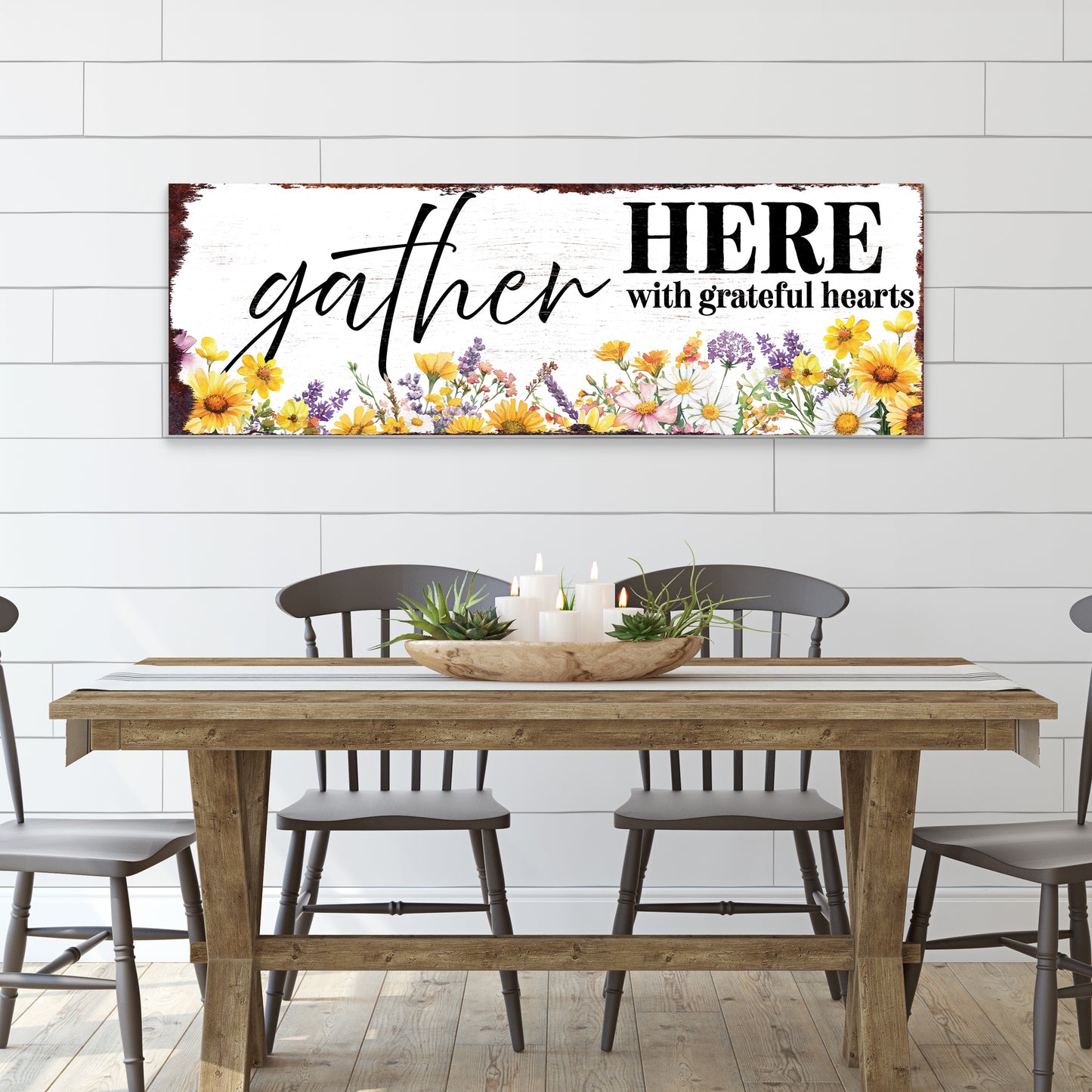 Gather Here With Grateful Hearts Wall Sign | Farmhouse Style Indoor Decor | UV Printed | Living Room or Entryway Accent | Multiple Sizes