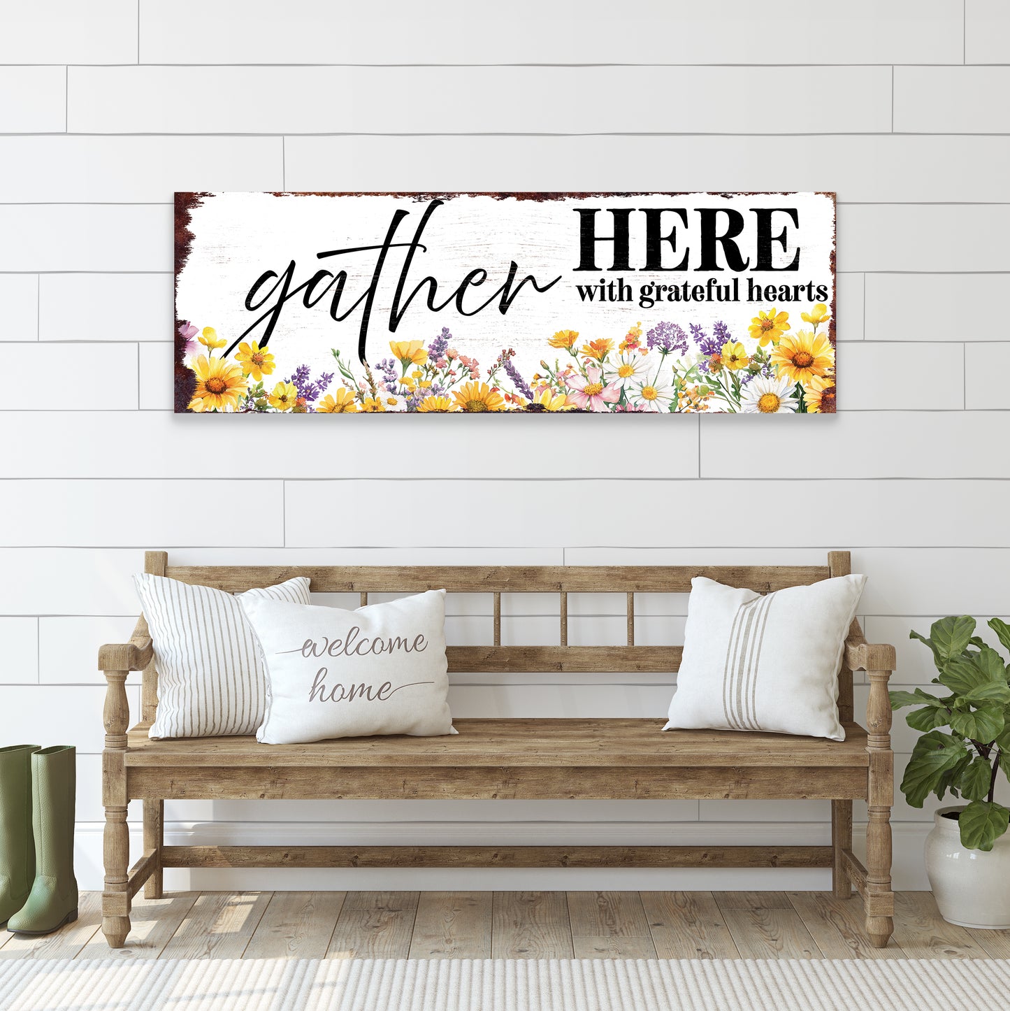 Gather Here With Grateful Hearts Wall Sign | Farmhouse Style Indoor Decor | UV Printed | Living Room or Entryway Accent | Multiple Sizes