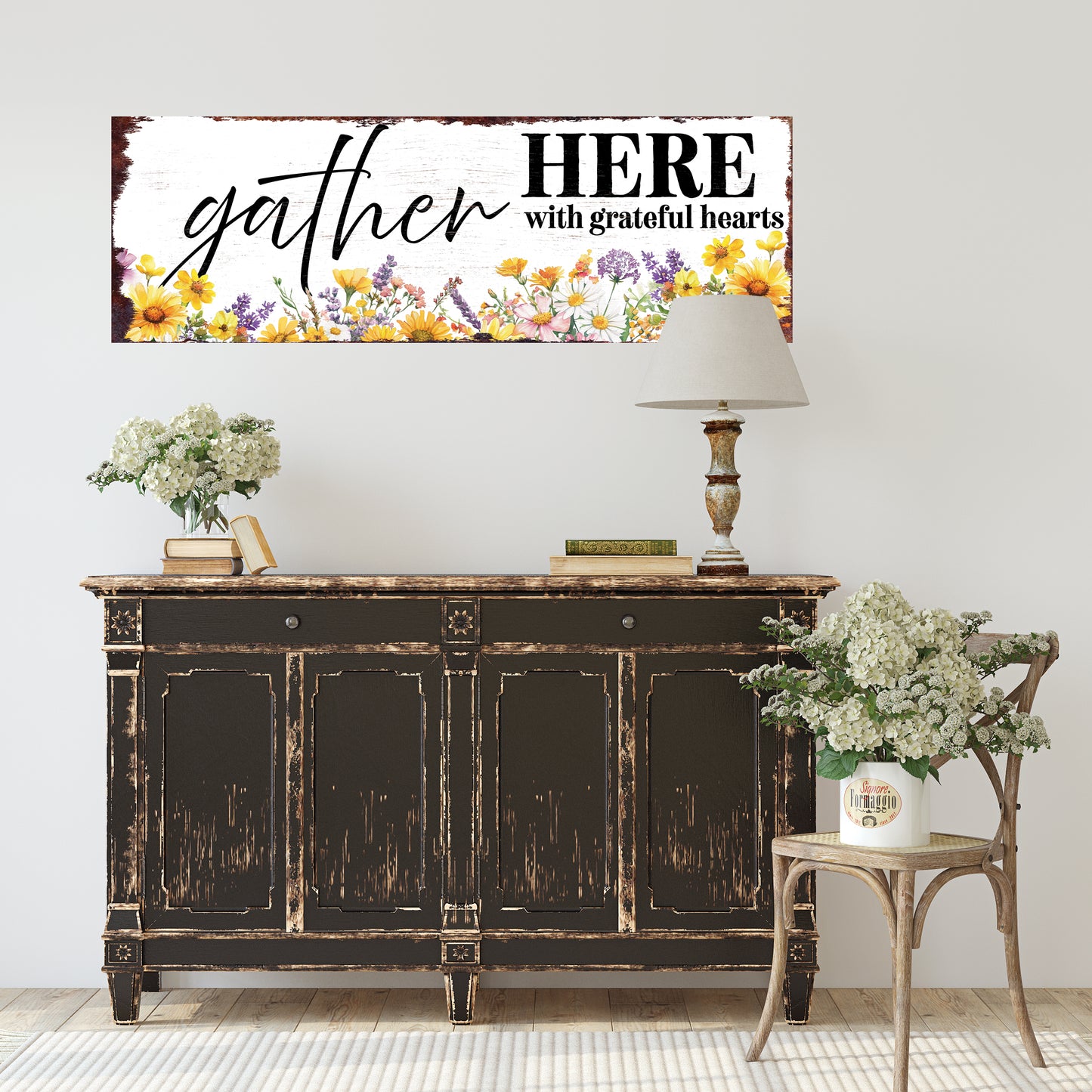 Gather Here With Grateful Hearts Wall Sign | Farmhouse Style Indoor Decor | UV Printed | Living Room or Entryway Accent | Multiple Sizes
