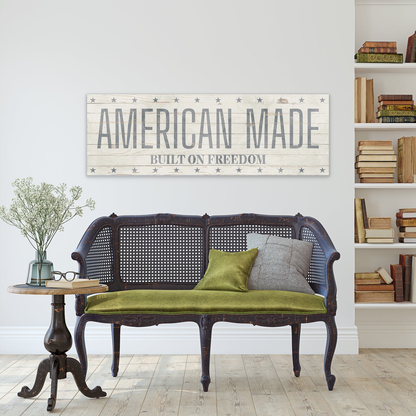 American Made Built on Freedom Wall Sign | Vintage Patriotic Farmhouse Decor | 4th of July Independence Day Wall Art