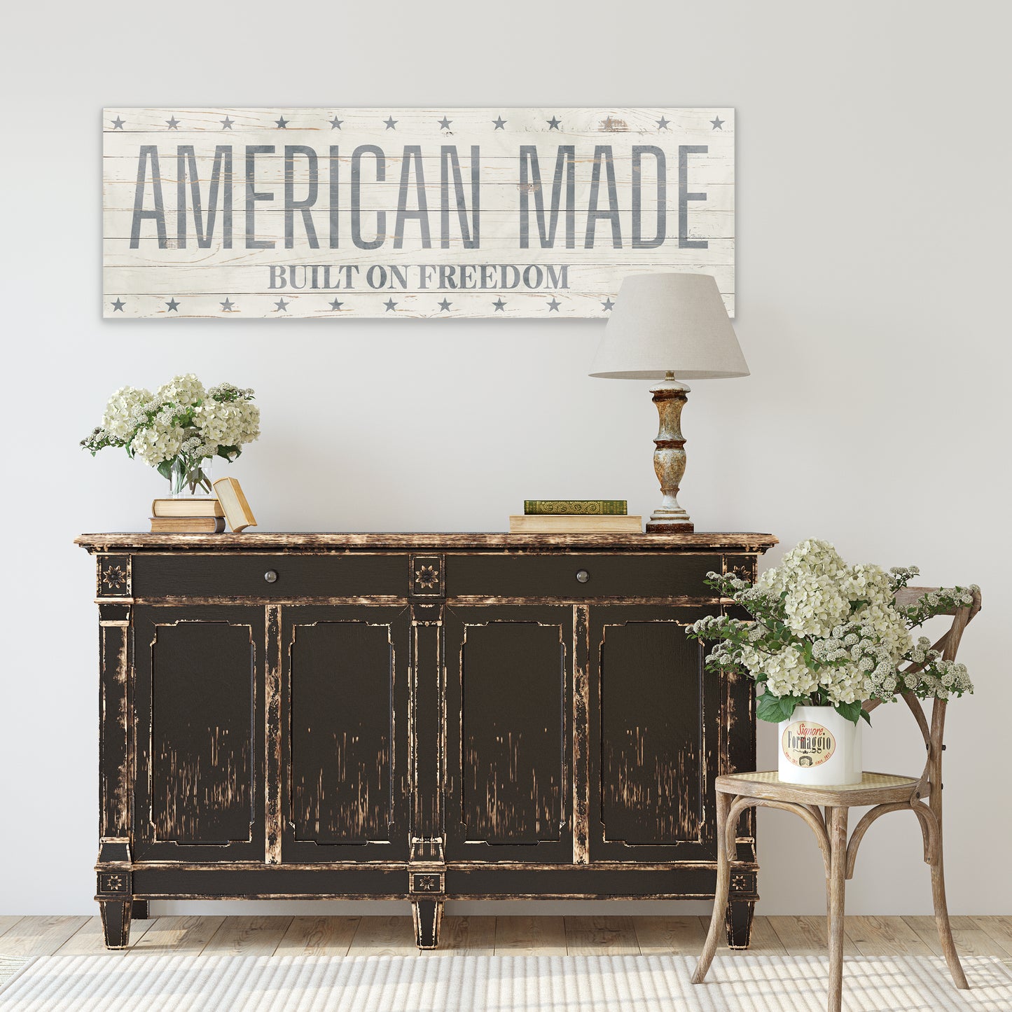 American Made Built on Freedom Wall Sign | Vintage Patriotic Farmhouse Decor | 4th of July Independence Day Wall Art
