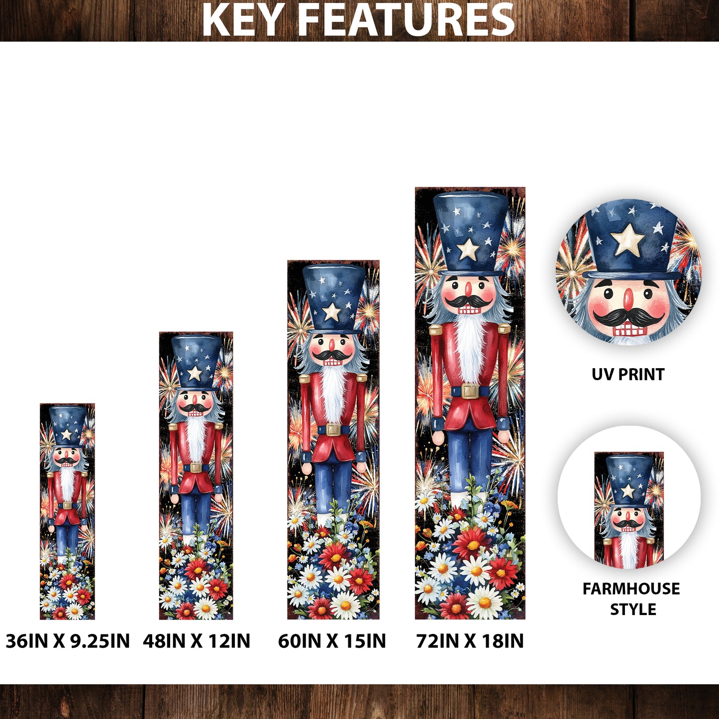 4th of July Porch Sign | Patriotic Nutcracker Outdoor Decor | Vintage Fireworks & Floral UV Print | Farmhouse Independence Day Decor