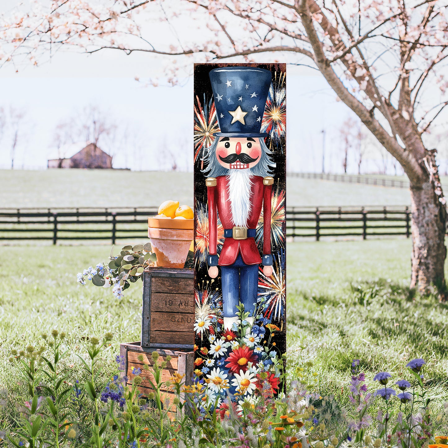 4th of July Porch Sign | Patriotic Nutcracker Outdoor Decor | Vintage Fireworks & Floral UV Print | Farmhouse Independence Day Decor