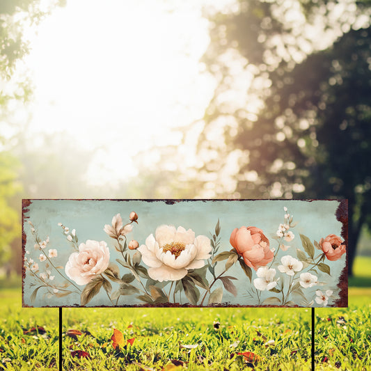 36in Summer Floral Garden Stake | UV Printed Peony Yard Sign | Rustic Outdoor Decor | Farmhouse Wildflower Welcome Accent