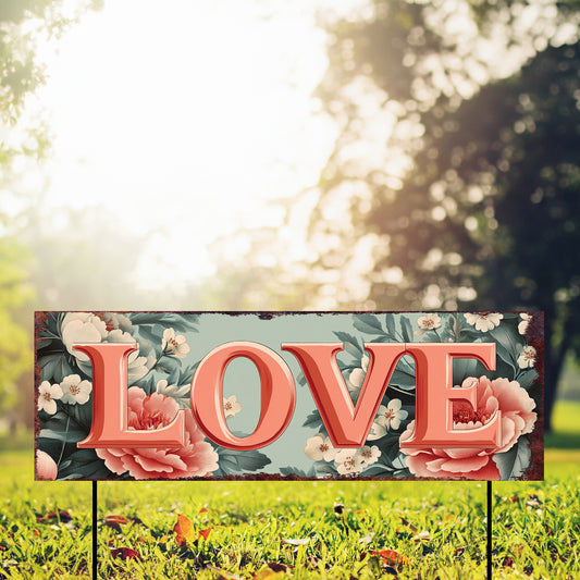 LOVE Garden Stake 36in | Summer Floral Yard Sign | UV Printed Outdoor Decor | Romantic Farmhouse Flower Garden Accent