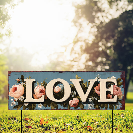 LOVE Garden Stake 36in | Romantic Floral Summer Yard Sign | UV Printed Rustic Farmhouse Garden Decor | Outdoor Flower Accent