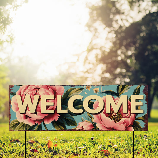 Welcome Garden Stake 36in | Summer Floral Yard Sign | Farmhouse Outdoor Decor | UV Print Peony Garden Sign for Porch, Lawn, or Patio