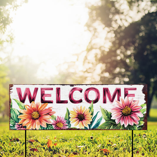 Welcome Garden Stake 36in | Summer Floral Yard Sign | UV Printed Outdoor Welcome Sign | Farmhouse Metal Garden Decor | Daisy Coneflowers