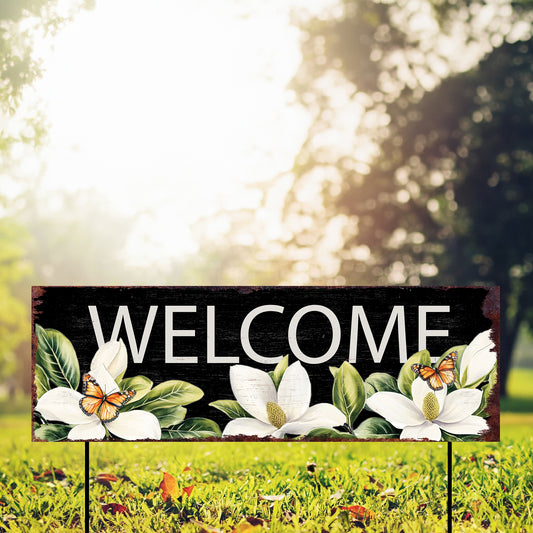 Welcome Garden Stake 36in | Magnolia & Butterfly Summer Floral Yard Sign | Farmhouse Outdoor Metal Decor | Rustic UV Print Garden Accent