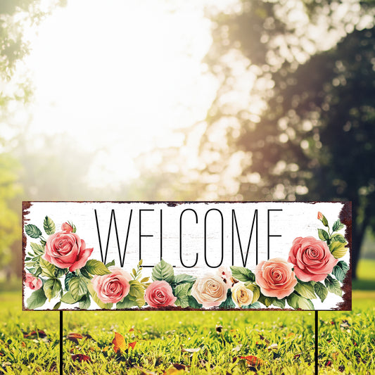 Welcome Garden Stake 36in | Rose Floral Summer Yard Sign | Rustic Farmhouse Outdoor Decor | UV Print Metal Garden Accent for Porch & Lawn