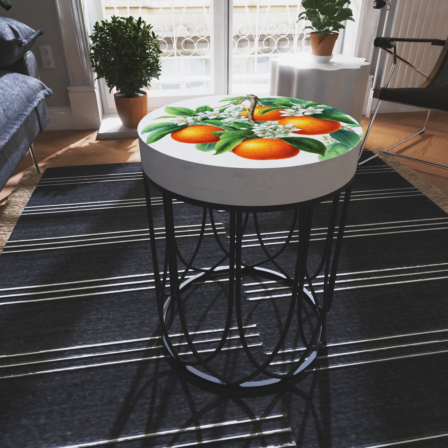 Round Orange Accent Table – Summer Citrus Print, 17–23in Tall, UV Wood Top with Metal Base, Indoor Living Room or Patio Decor