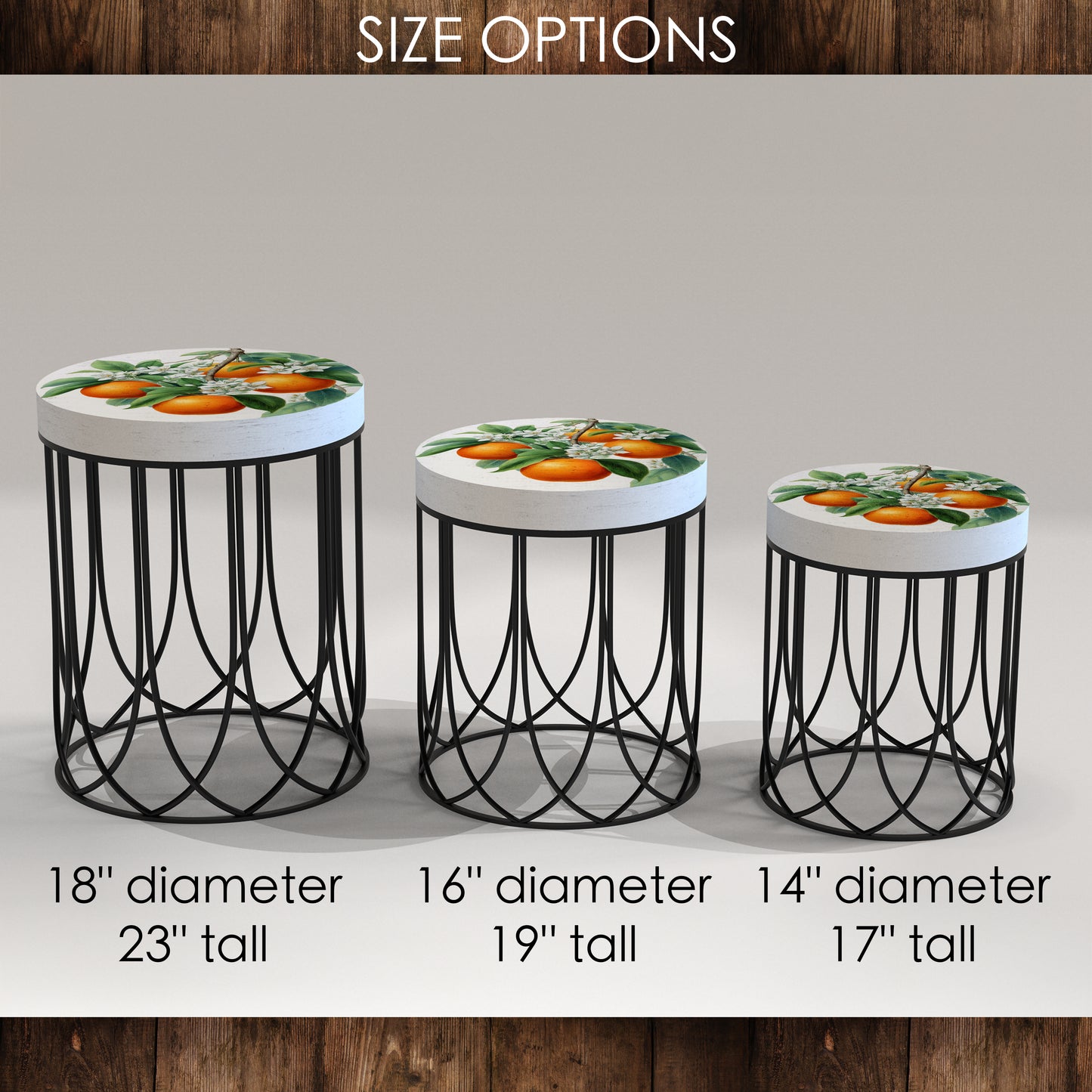 Round Orange Accent Table – Summer Citrus Print, 17–23in Tall, UV Wood Top with Metal Base, Indoor Living Room or Patio Decor
