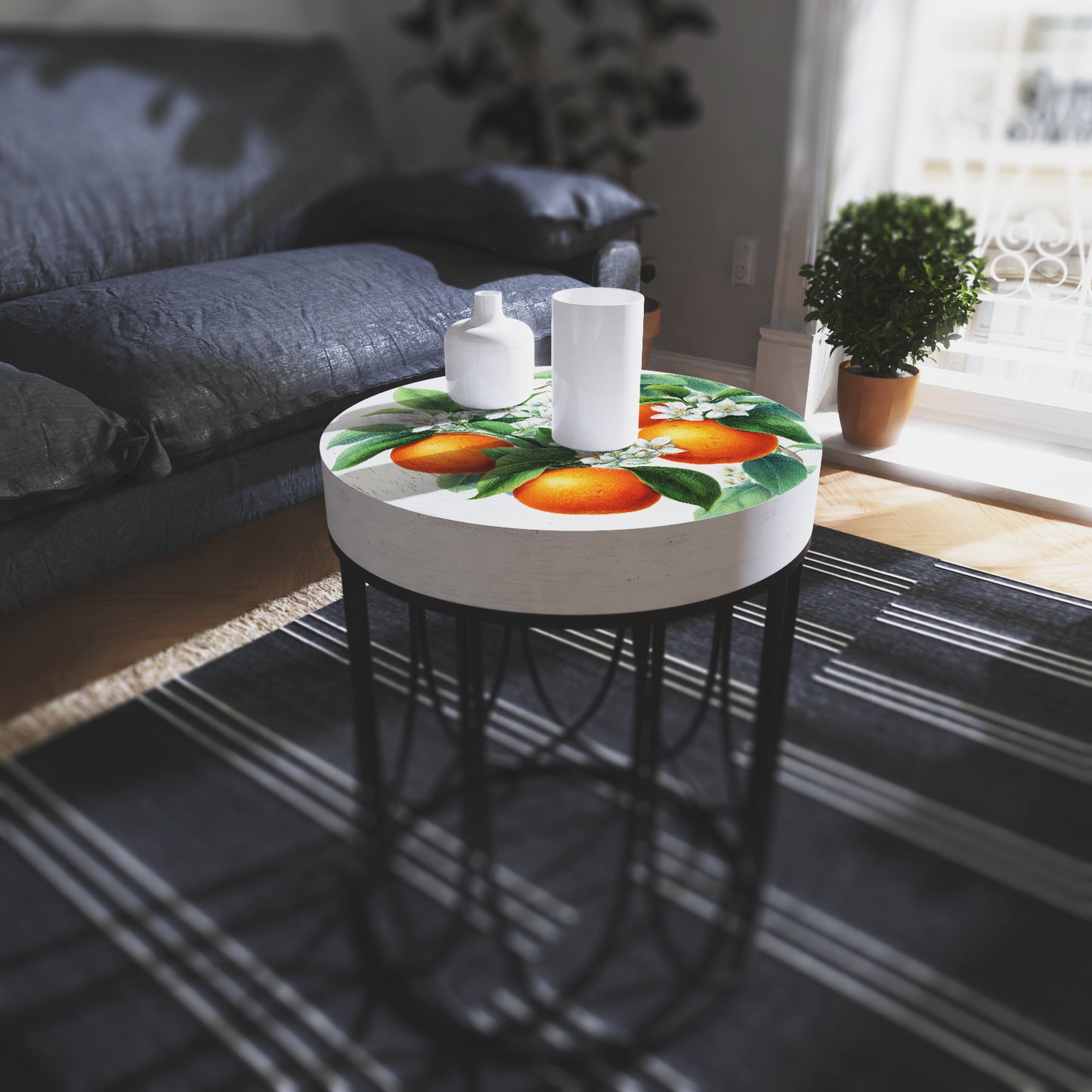 Round Orange Accent Table – Summer Citrus Print, 17–23in Tall, UV Wood Top with Metal Base, Indoor Living Room or Patio Decor