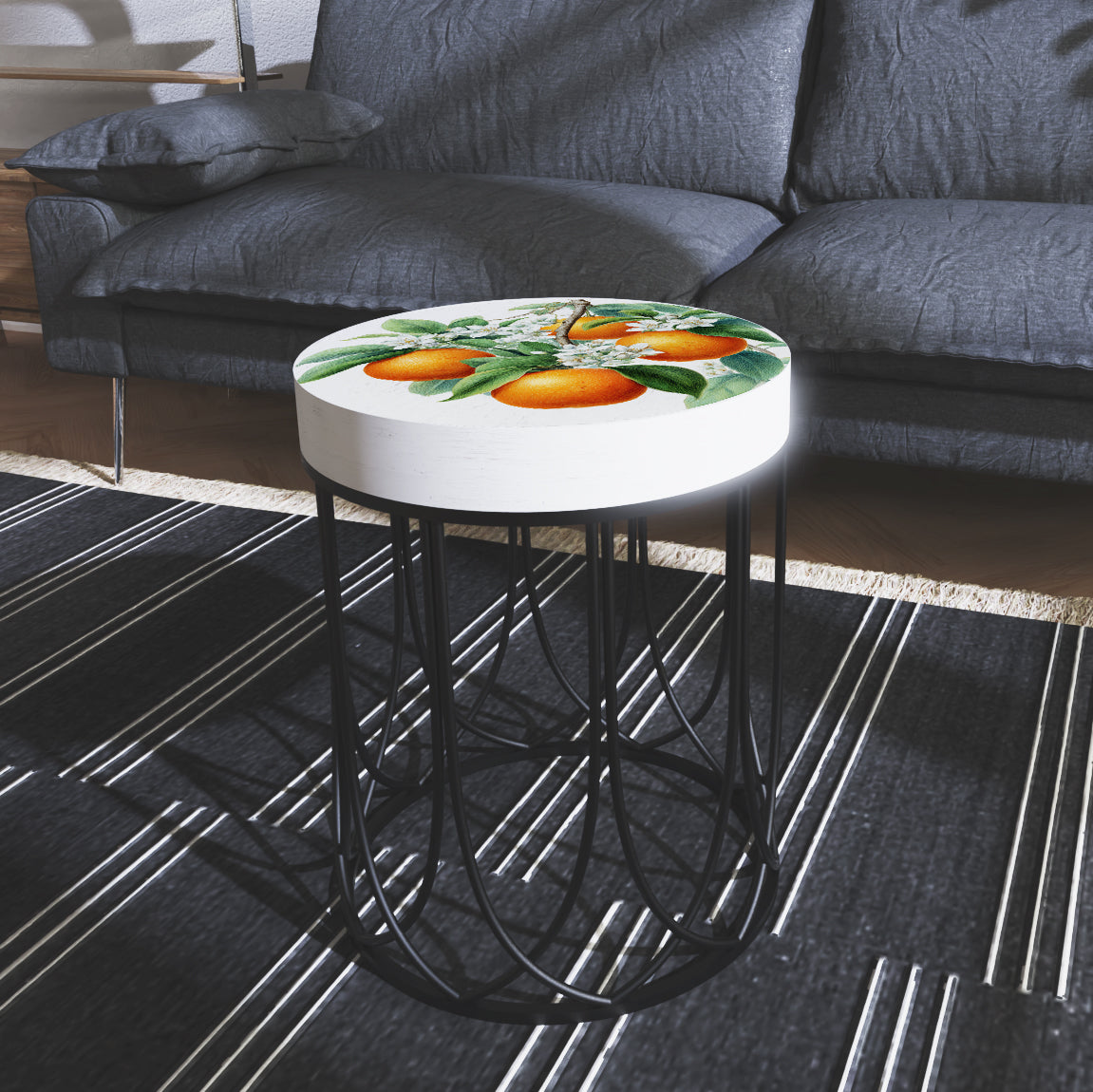 Round Orange Accent Table – Summer Citrus Print, 17–23in Tall, UV Wood Top with Metal Base, Indoor Living Room or Patio Decor