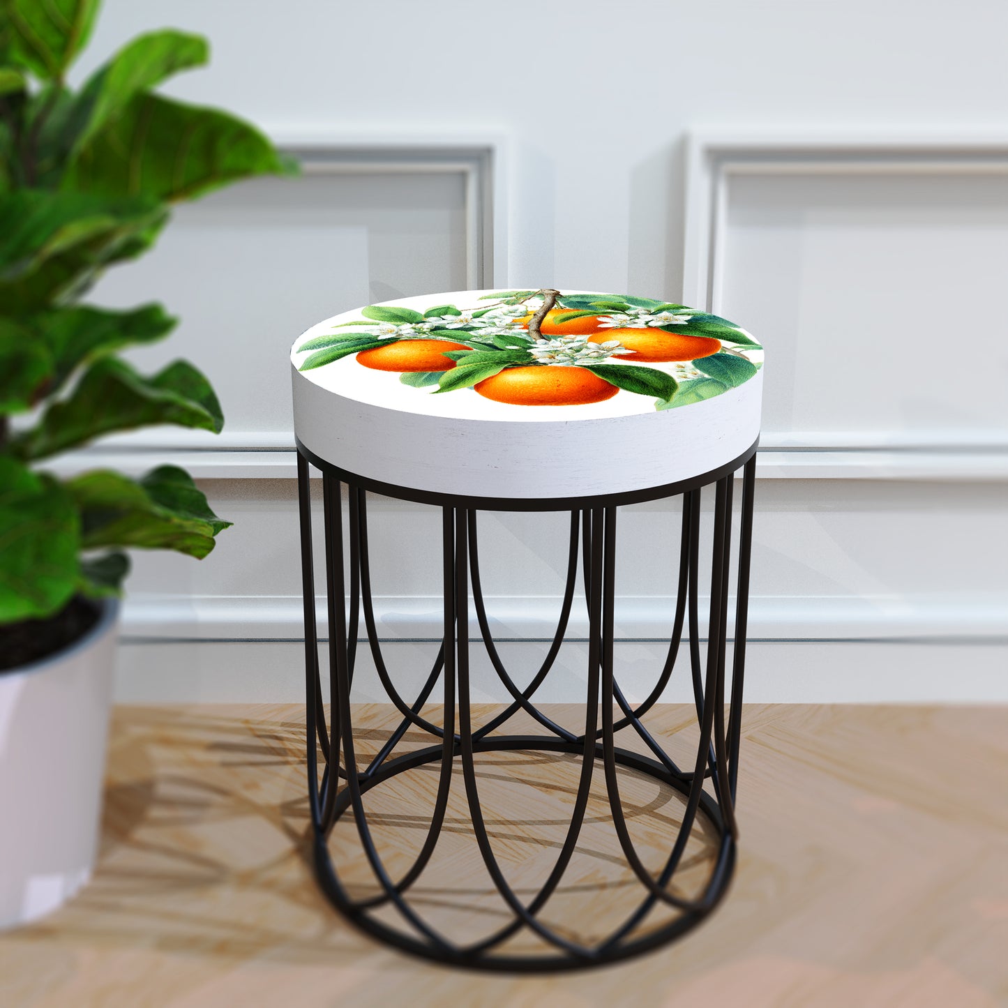 Round Orange Accent Table – Summer Citrus Print, 17–23in Tall, UV Wood Top with Metal Base, Indoor Living Room or Patio Decor