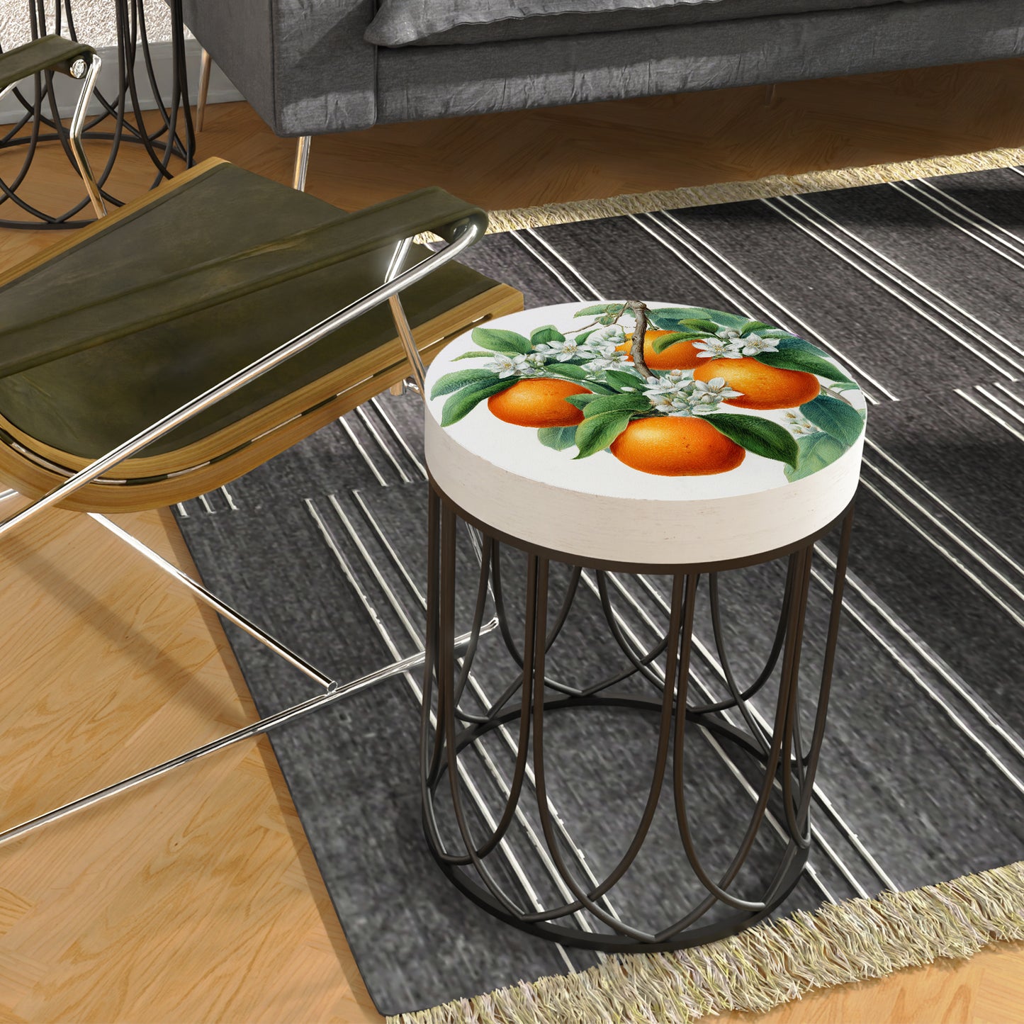 Round Orange Accent Table – Summer Citrus Print, 17–23in Tall, UV Wood Top with Metal Base, Indoor Living Room or Patio Decor