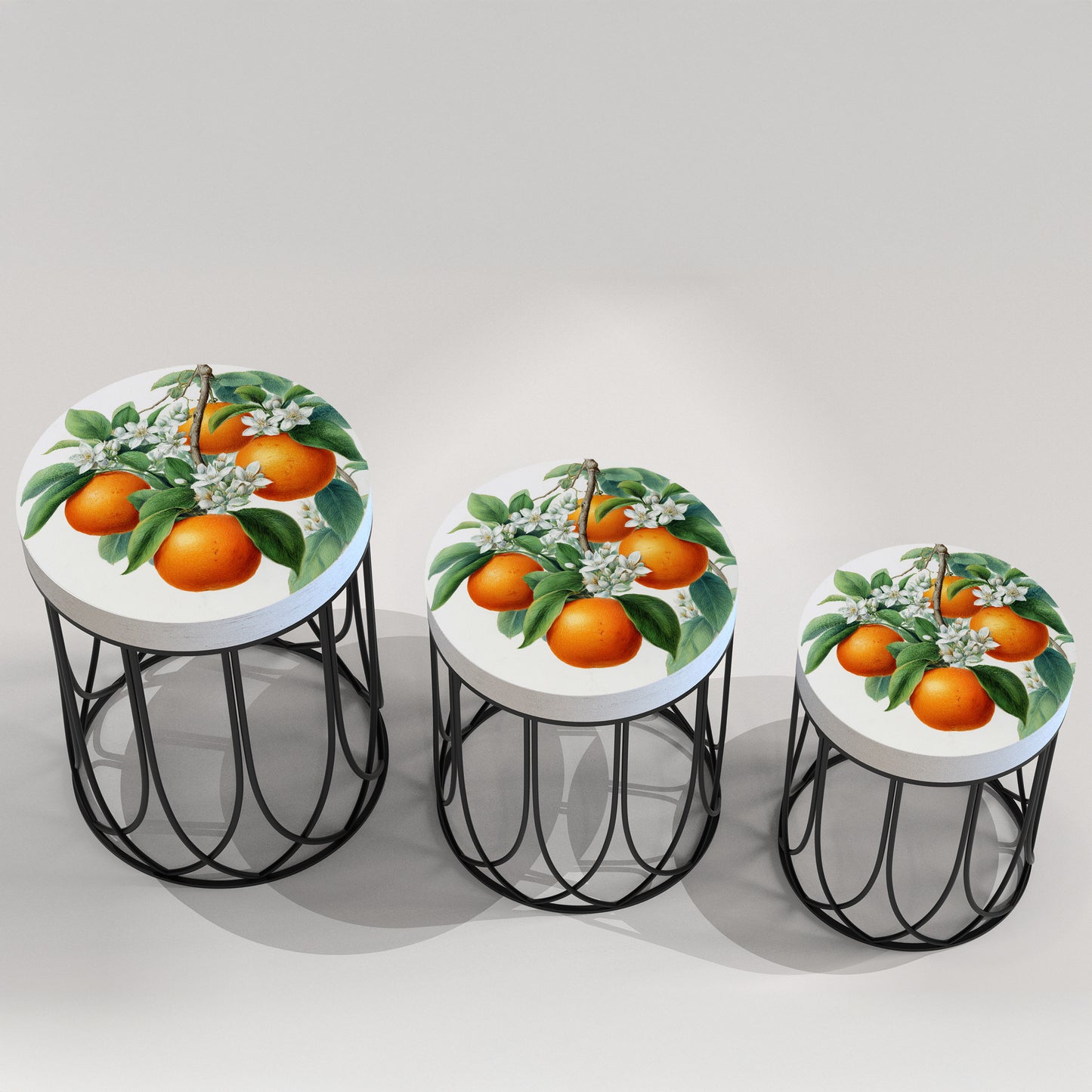 Round Orange Accent Table – Summer Citrus Print, 17–23in Tall, UV Wood Top with Metal Base, Indoor Living Room or Patio Decor