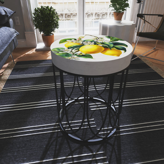 Round Lemon Accent Table – Summer Citrus Print, 17–23in Tall, UV Wood Top with Metal Base for Living Room, Patio, or Entryway