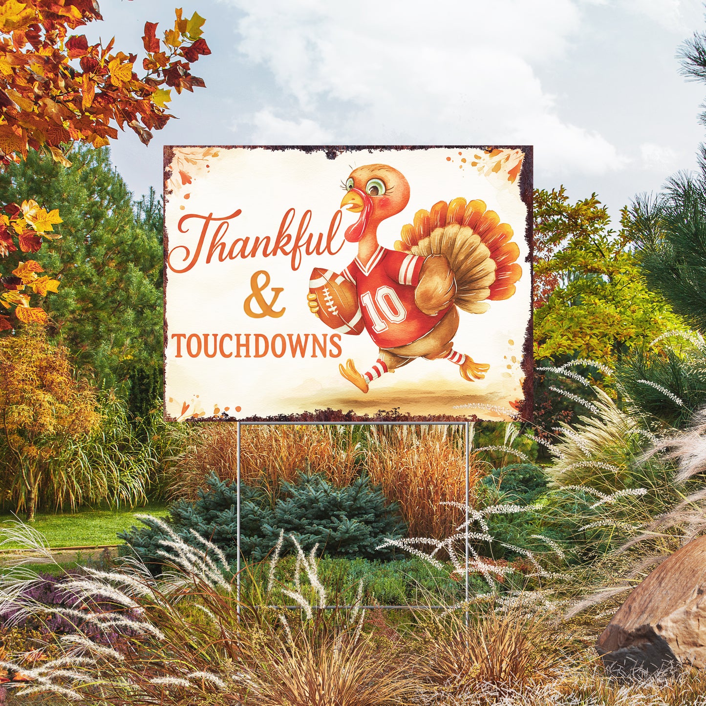 Thankful & Touchdowns Yard Sign – 18x24 Turkey Football Garden Stake, UV Printed Plastic, Outdoor Fall Lawn Decor with Step-Stake