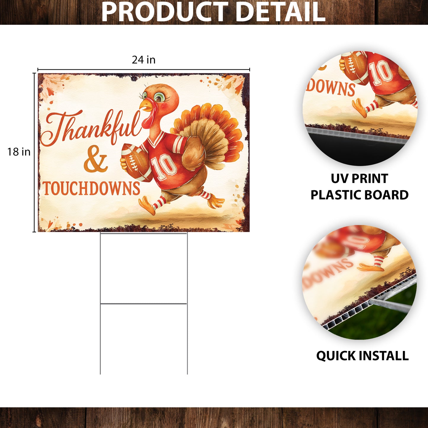 Thankful & Touchdowns Yard Sign – 18x24 Turkey Football Garden Stake, UV Printed Plastic, Outdoor Fall Lawn Decor with Step-Stake