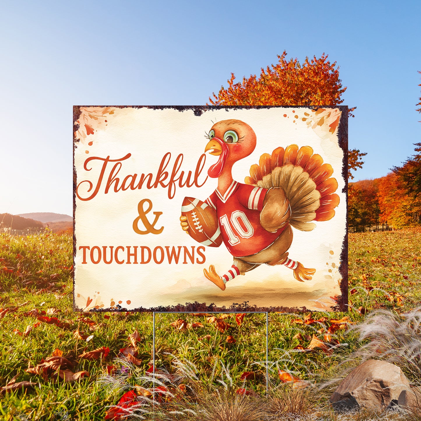 Thankful & Touchdowns Yard Sign – 18x24 Turkey Football Garden Stake, UV Printed Plastic, Outdoor Fall Lawn Decor with Step-Stake