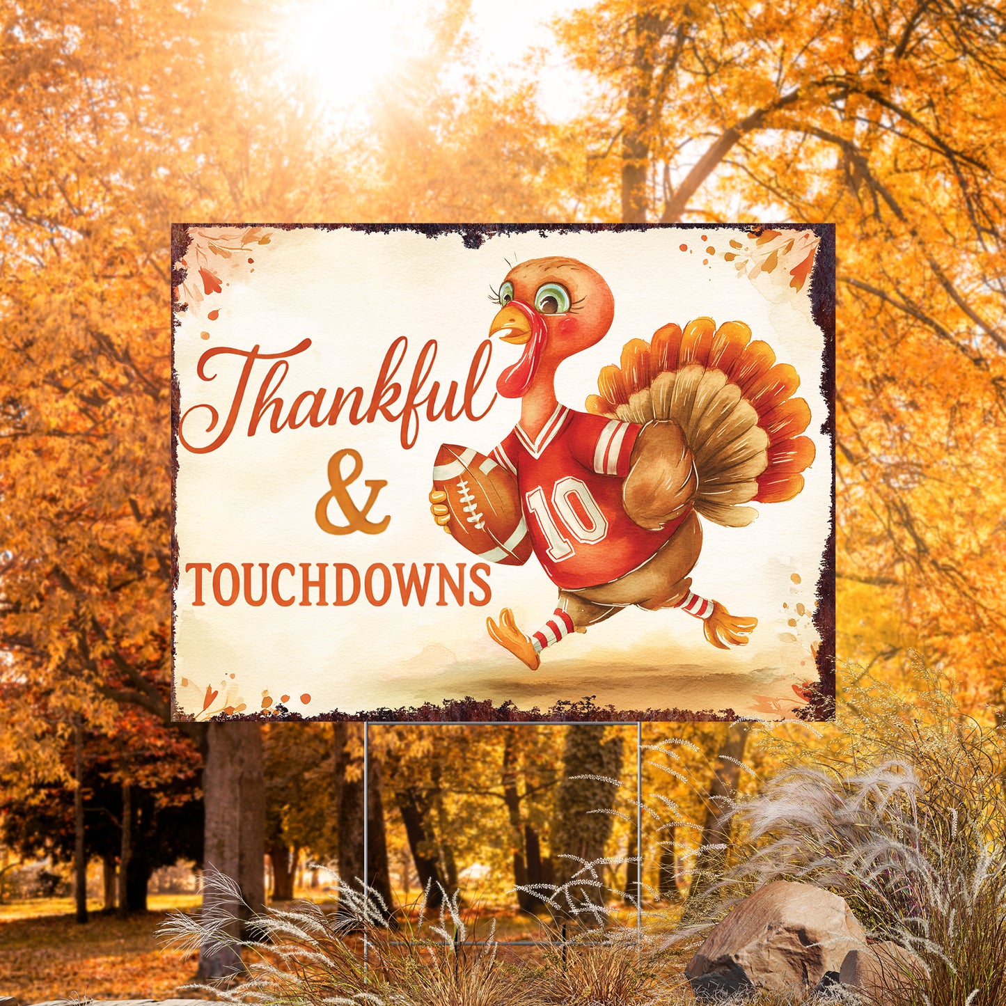 Thankful & Touchdowns Yard Sign – 18x24 Turkey Football Garden Stake, UV Printed Plastic, Outdoor Fall Lawn Decor with Step-Stake