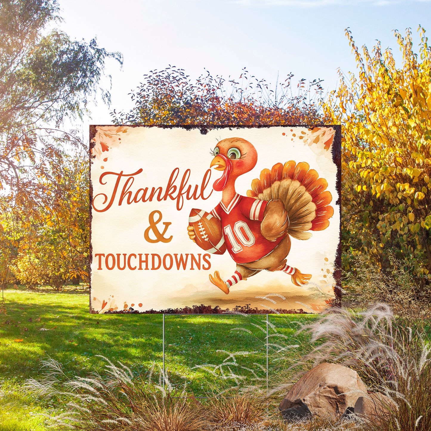 Thankful & Touchdowns Yard Sign – 18x24 Turkey Football Garden Stake, UV Printed Plastic, Outdoor Fall Lawn Decor with Step-Stake