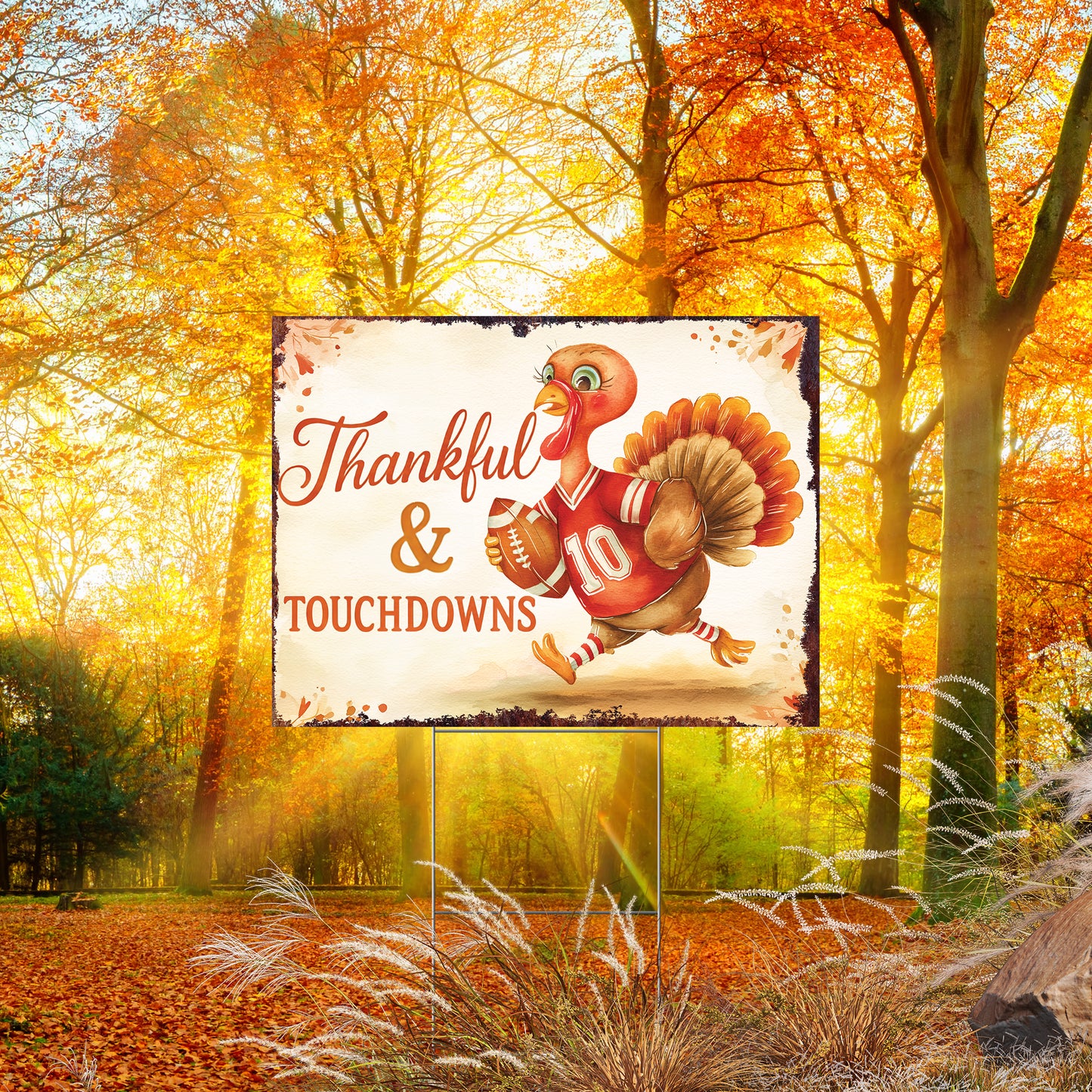 Thankful & Touchdowns Yard Sign – 18x24 Turkey Football Garden Stake, UV Printed Plastic, Outdoor Fall Lawn Decor with Step-Stake