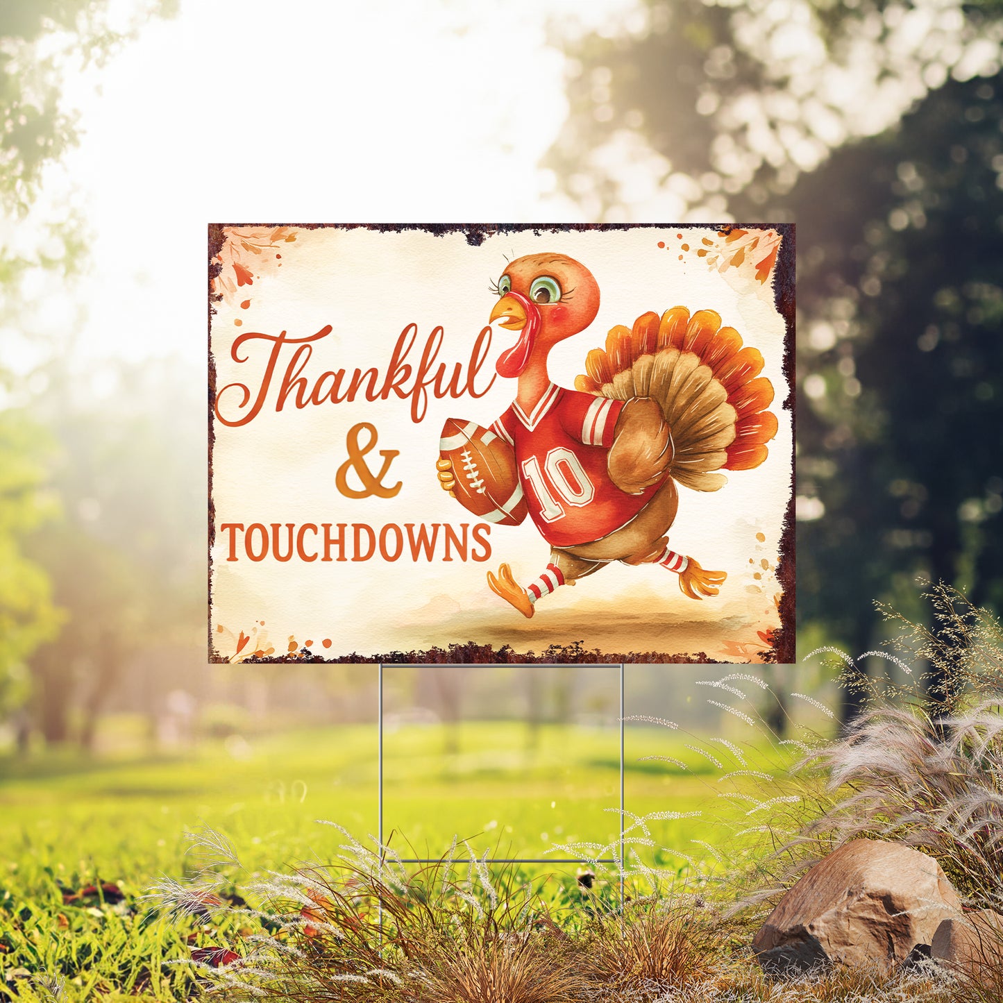 Thankful & Touchdowns Yard Sign – 18x24 Turkey Football Garden Stake, UV Printed Plastic, Outdoor Fall Lawn Decor with Step-Stake