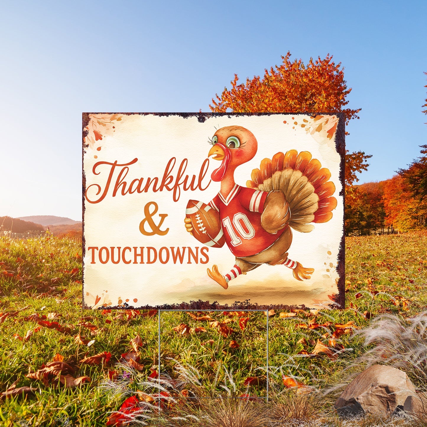 Thankful & Touchdowns Yard Sign – 18x24 Turkey Football Garden Stake, UV Printed Plastic, Outdoor Fall Lawn Decor with Step-Stake