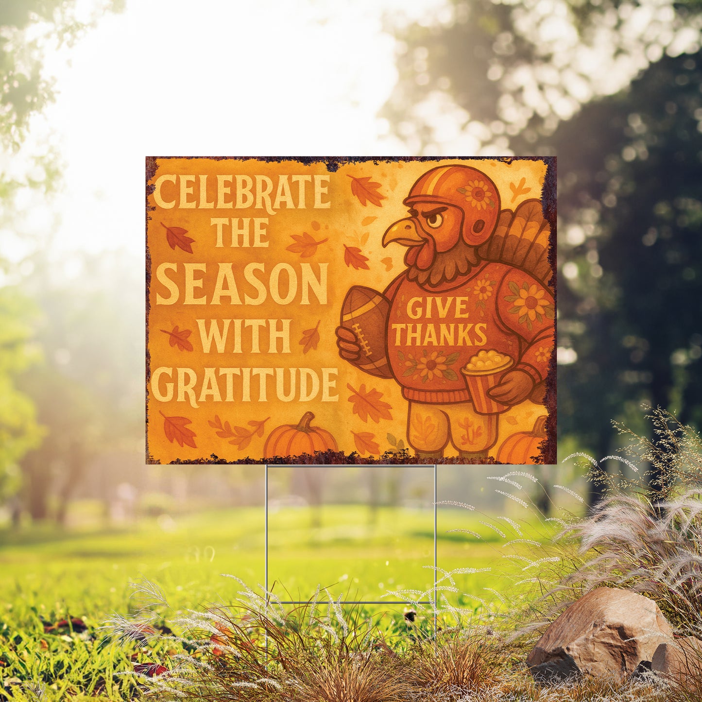 Celebrate the Season Yard Sign – 18x24 Thanksgiving Turkey Lawn Decor, UV Print Fall Garden Stake with Step-Stake Included
