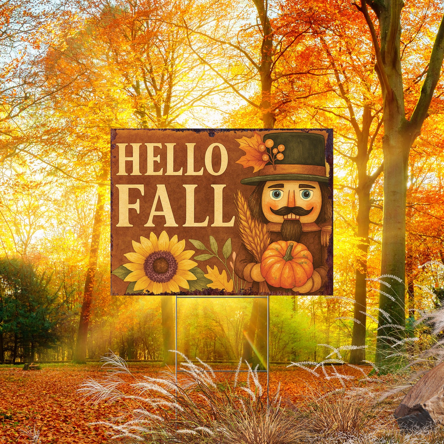 Hello Fall Yard Sign with Sunflower & Nutcracker – UV Print 24x18in Corrugated Plastic Lawn Stake for Autumn Outdoor Display