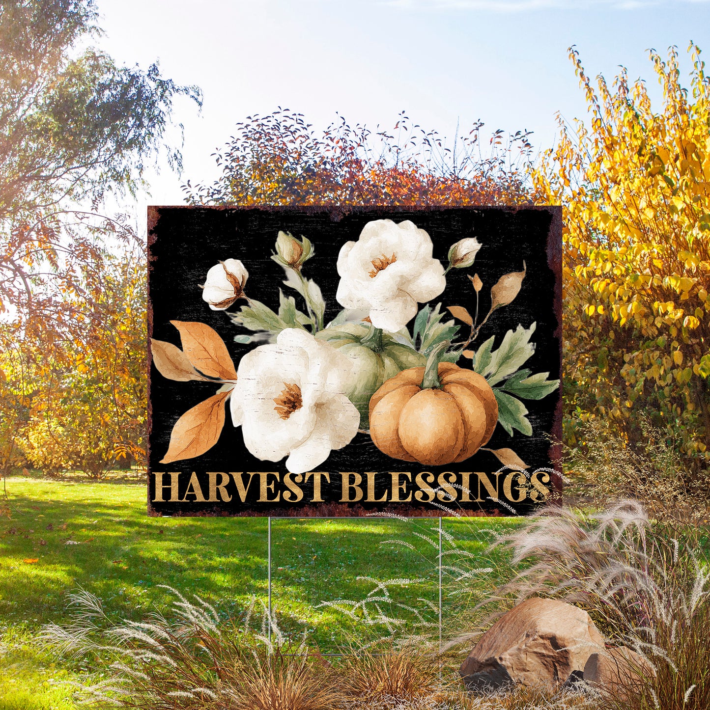 Harvest Blessings Yard Sign – 24x18in Outdoor Fall Garden Stake, UV Printed Floral Pumpkin Decor, Corrugated Plastic Board