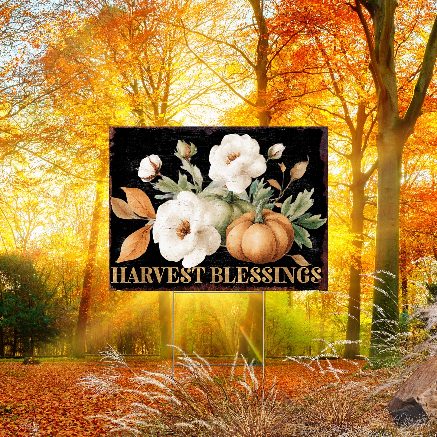 Harvest Blessings Yard Sign – 24x18in Outdoor Fall Garden Stake, UV Printed Floral Pumpkin Decor, Corrugated Plastic Board