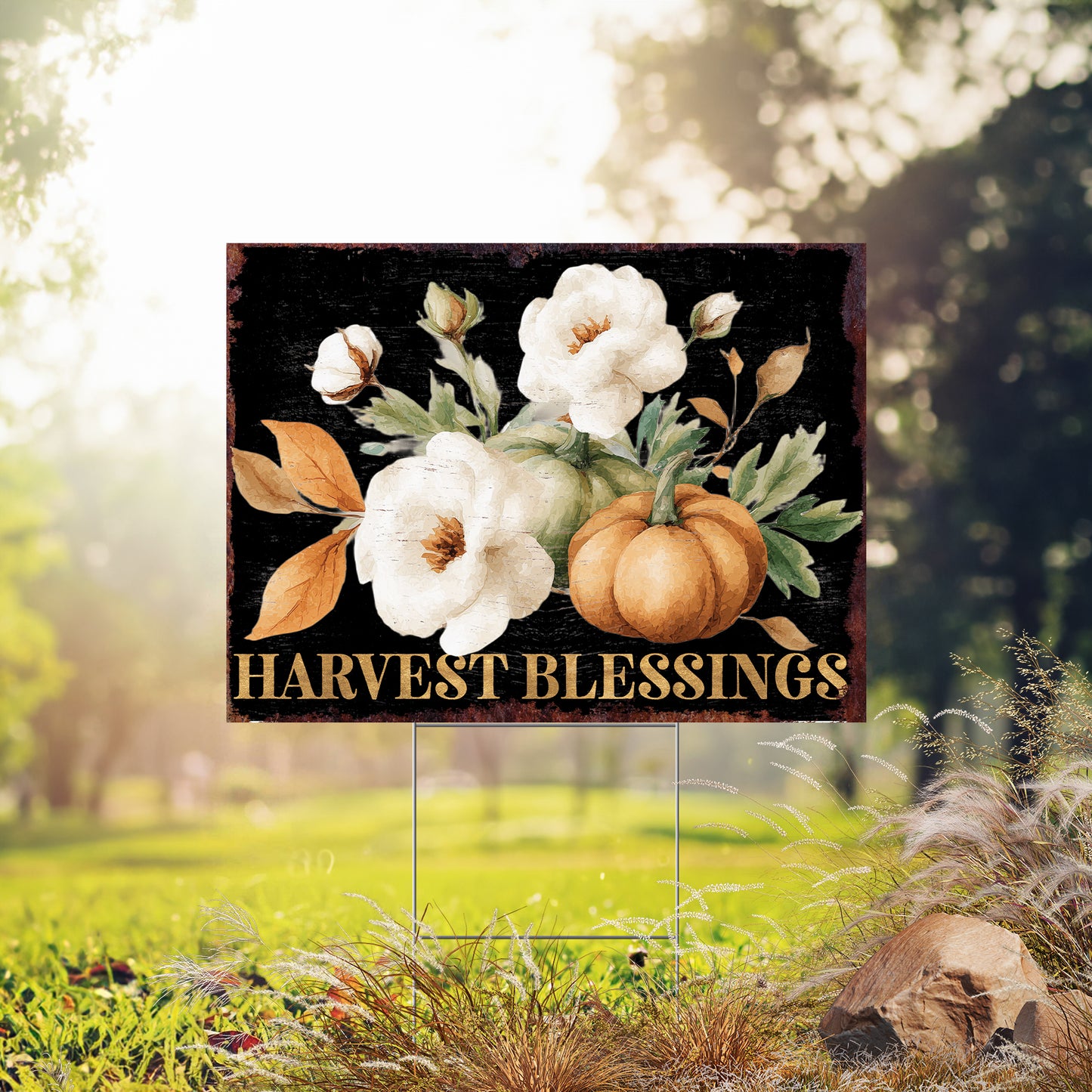 Harvest Blessings Yard Sign – 24x18in Outdoor Fall Garden Stake, UV Printed Floral Pumpkin Decor, Corrugated Plastic Board