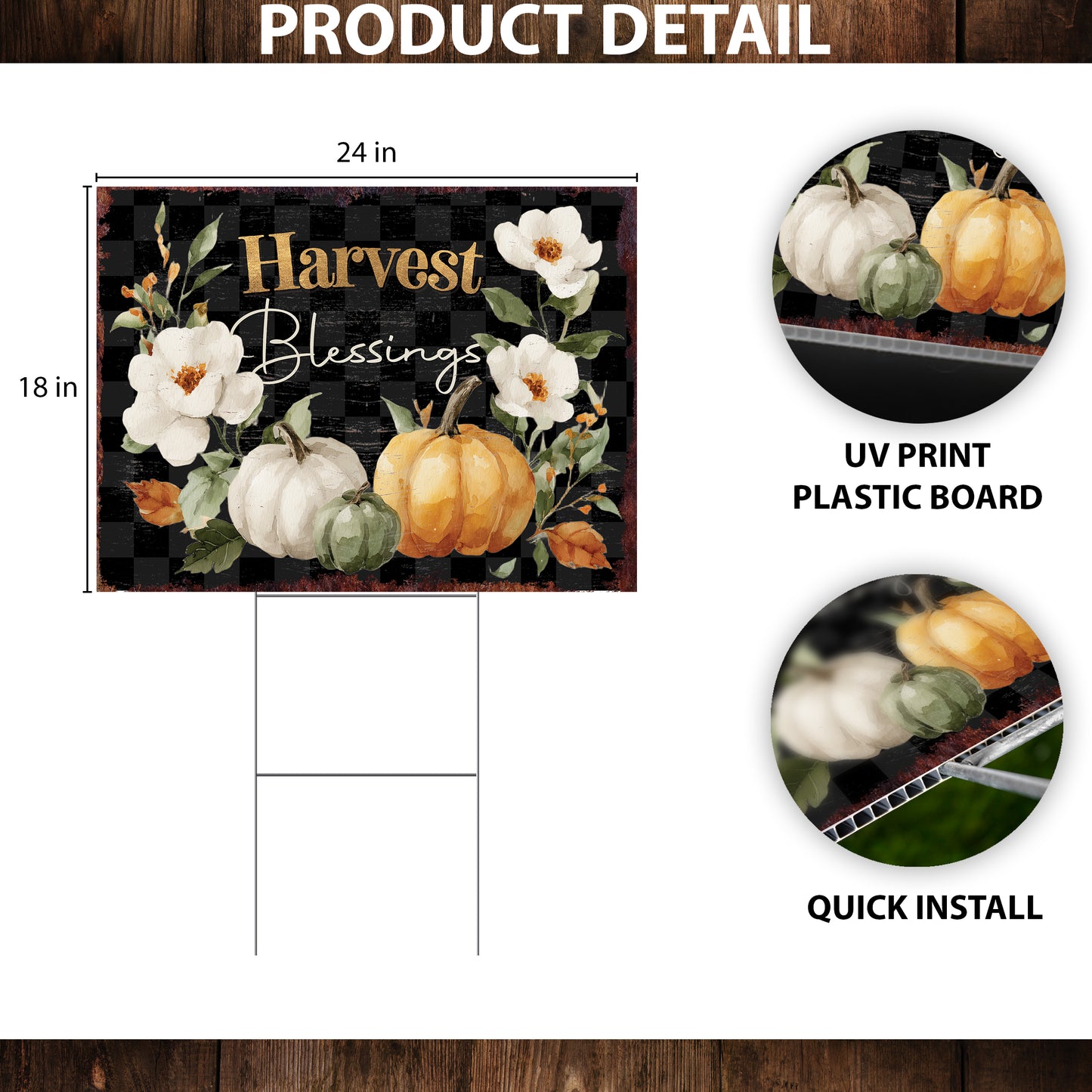 Harvest Blessings Yard Sign – Buffalo Plaid Fall Garden Stake 24x18in, UV Printed Floral Pumpkin Outdoor Decor, Plastic with H-Stake